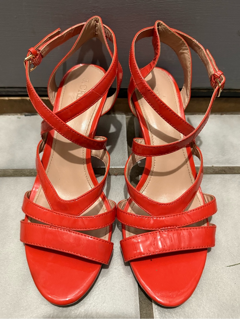 J Crew “Marci”-Coral Red Strappy Wedge buckle Sandals -(8)